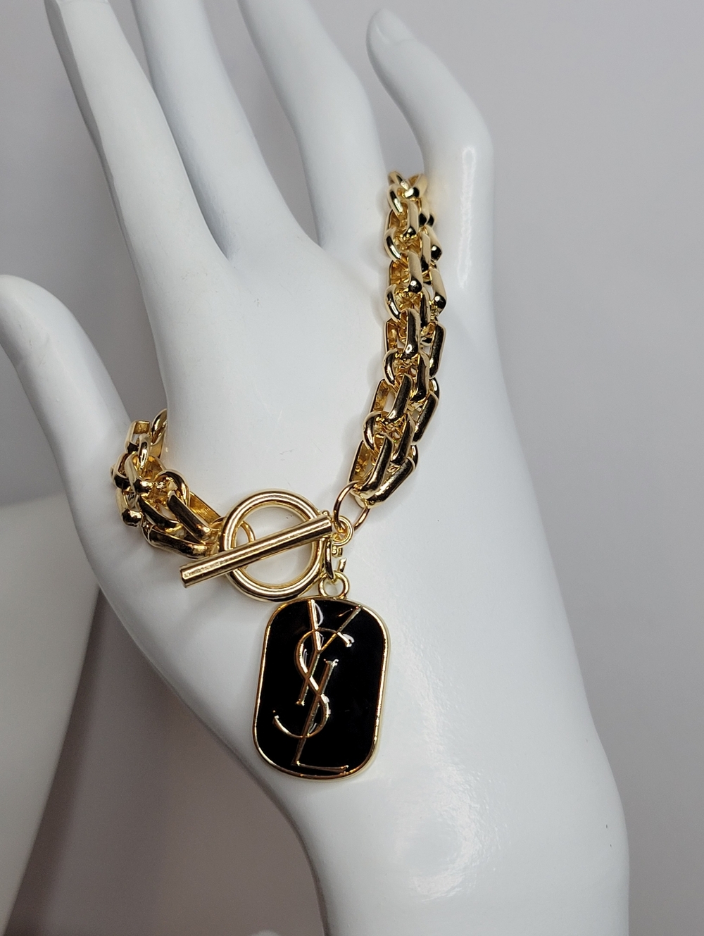 YSL Black, Gold Zip Pull, Gold Plated Toggle Bracelet